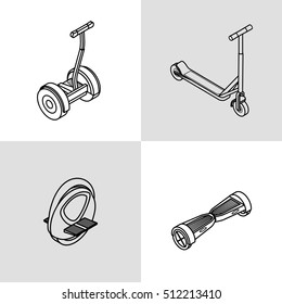 Vector illustration. Set outline icons of electric scooters. Scooter, gyroscooter, monowheel. Isometric, 3D.