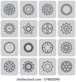 Vector illustration. Set of outline icons of mechanical gears. Black on a white background.