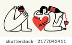 Vector illustration set with outline man and woman with wine and red heart. Trendy apparel print design, home decoration poster collection
