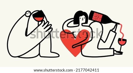 Vector illustration set with outline man and woman with wine and red heart. Trendy apparel print design, home decoration poster collection