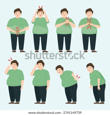 Vector illustration set of an overweight man suffering from various health symptoms including chest pain, headache, stomach ache, back pain, and exhaustion. Medical and lifestyle concept.
