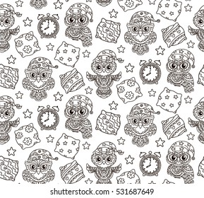 vector, illustration set, owl, cover, pillow, alarm clock, wake, morning, doodle style, outline, seamless pattern
