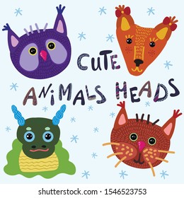 Vector illustration set with owl, fox, cat and dinosaur. Cute animals heads