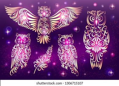 Vector illustration. A set of owls made of ornament elements. Lace owl in gold and purple with a glow effect. Image for your decor and design: greeting card, poster, banner. Feather birds. Birds.