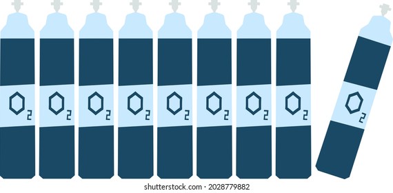 Ilustración vectorial de un conjunto de cilindros de oxígeno dispuestos en orden y inclinados hacia un lado.