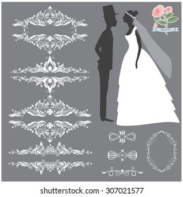 Vector illustration of a set of page dividers and a couple of bride and groom silhouettes for wedding invitation templates and other arts and designs