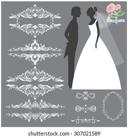 Vector illustration of a set of page dividers and a couple of bride and groom silhouettes for wedding invitation templates and other arts and designs