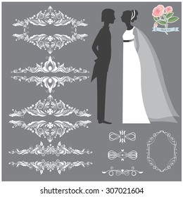 Vector illustration of a set of page dividers and a couple of bride and groom silhouettes for wedding invitation templates and other arts and designs
