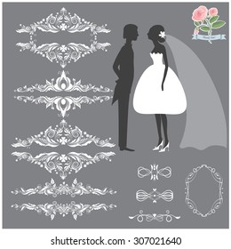 Vector illustration of a set of page dividers and a couple of bride and groom silhouettes for wedding invitation templates and other arts and designs