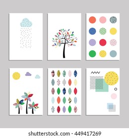 vector illustration / set of pages layouts in eighties geometrical bright style with trees clouds and shapes patterns 