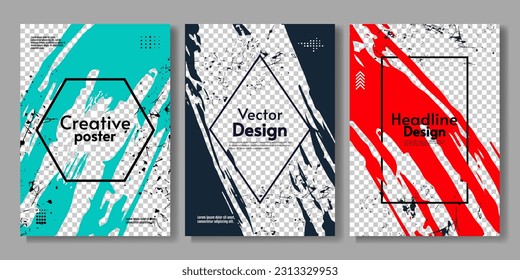 Vector illustration. Set of paint scratches and brushes poster with overlay grunge. Set of posters. Design for cover, banner, poster.