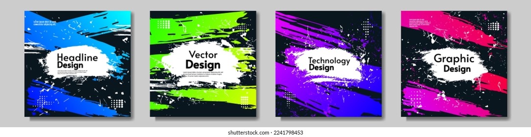 Vector illustration. Set of paint splash. Splash flat set posters, decorative shapes. Dark backdrop. Colorful design for banner, background, album, postcard, business card, invitation. 