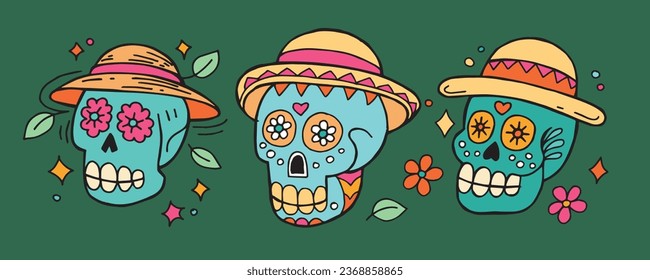 vector illustration of a set of painted skulls for the holiday of the day of the dead. drawing in flat style, carton