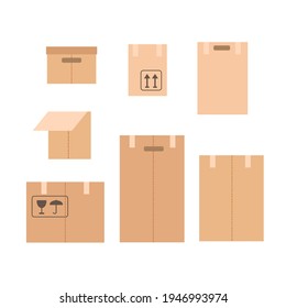 Ilustración vectorial con conjunto de cajas móviles de papel aisladas en fondo blanco.