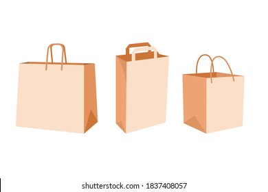 Ilustración vectorial de bolsas de compras de papel aisladas en fondo blanco. Bolsa plana vectorial para tienda 