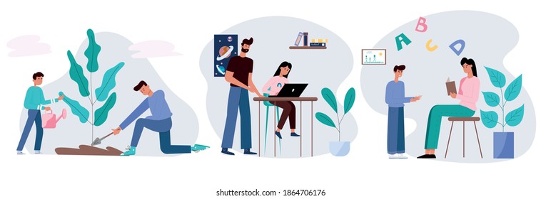 Vector illustration set of parents help children planting a tree, teach lessons and read a book