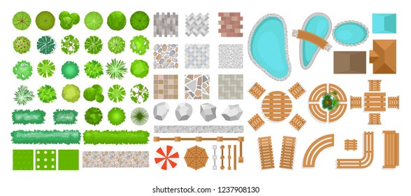 Conjunto de ilustraciones vectoriales de elementos de parque para el diseño paisajístico. Vista de los árboles, mobiliario exterior, plantas y elementos arquitectónicos, vallas, tumbonas, sombrillas aisladas de fondo blanco