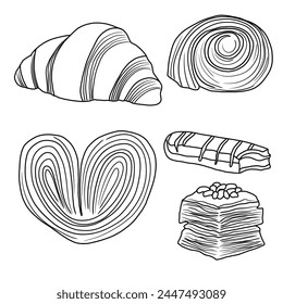 Vector illustration Set of Pastry Food hand drawn sketch, various pastry line art, Containing Croissant, Danish pastry, Puff pastry, Éclair,  Baklava isolated on white, For kids coloring book.