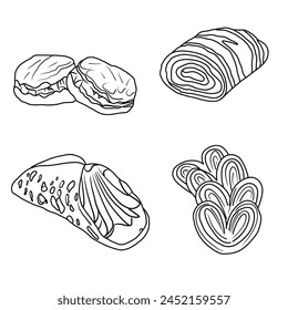 Vector illustration Set of Pastry Food hand drawn sketch, various pastry line art, Containing Scone, Strudel, Cannoli,Palmier or Elephant ear isolated on white, For kids coloring book.