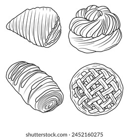 Ilustración vectorial Set de Pastelería Alimento dibujado a mano boceto, varias líneas de pastelería arte, Conteniendo recambio de manzana, Brioche, Croissant de chocolate, Tarta, Puff de crema aislado en blanco, Para niños libro de colorear.