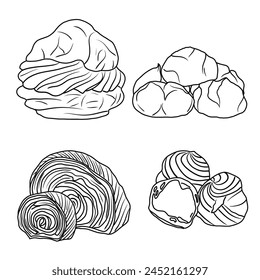 Vector illustration Set of Pastry Food hand drawn sketch, various pastry line art, Containing Beignet, Rugelach, Profiterole, Mille-feuille isolated on white, For kids coloring book.