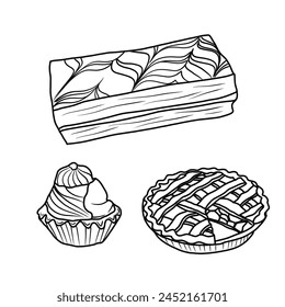 Vector illustration Set of Pastry Food hand drawn sketch, various pastry line art, Containing Beignet,Napoleon pastry, Shortcrust pastry, Pie isolated on white, For kids coloring book.