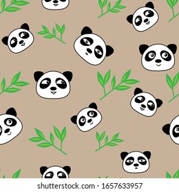 Vector illustration of a set pattern with cute funny panda faces and bamboo leaves on a beige background.