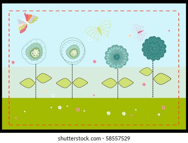 a vector illustration set of patterned flower plants,  butterflies with scattered flowers on the ground
