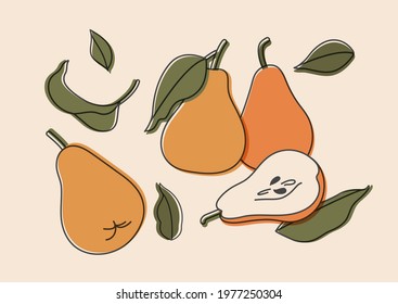 Vector illustration set of pears isolated on beig background. Horizontal contemporary art for print, social media, posters, postcards