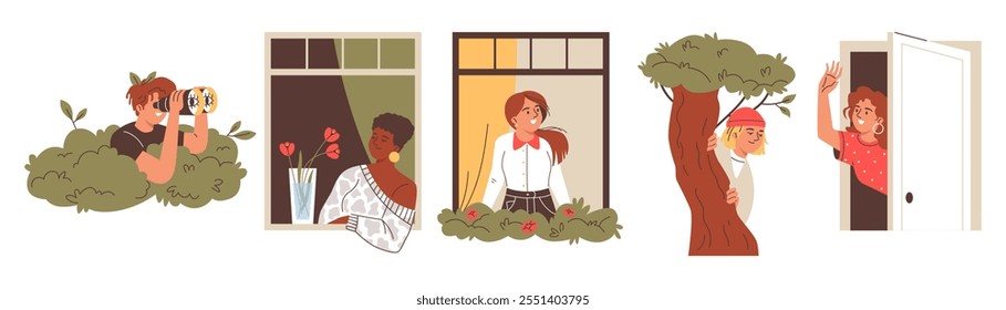 Vector illustration of a set of peeping people on an isolated background. Characters are looking out from different places: a window, a tree, a door and a bush. Flat style. Isolated background.