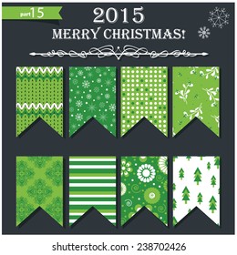 Vector illustration of a set of pennants, flags and garlands in festive green Christmas and New Year style