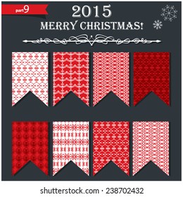 Vector illustration of a set of pennants, flags and garlands in festive red Christmas and New Year style