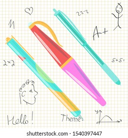 Vector illustration with set of pens on background of school notebook sheet with children s drawings. Can be used in postcards, banners, as separate element in the concept of stationery.