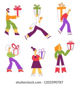 Vector illustration set of people carrying wrapped gift boxes decorated with ribbons and bows isolated on white background - flat male and female characters giving or delivering presents.