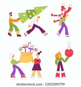Vector illustration set of people carrying Christmas and New Year traditional symbols in flat style - male and female characters preparing for winter holiday celebration isolated on white background.