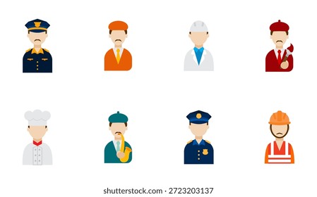 Vector illustration set of people characters in various occupations and professions. Flat design avatars including police officer, pilot, construction worker, chef, doctor, and musician. Suitable for business, career, job, profession, and workforce concepts. 