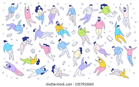 Vector illustration of set of people in colored clothes in different poses on white background with abstract element. Line art style design for web, site, banner, pattern