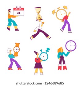 Vector illustration set of people with different types of watches and calendar in flat style - male and female characters with symbols of time management or countdown isolated on white background.