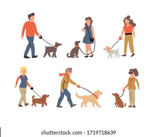 Vector illustration of the set of people dog walking with many dogs breeds.  Dog walker concept illustration in cartoon hand drawn style. dogs on the street