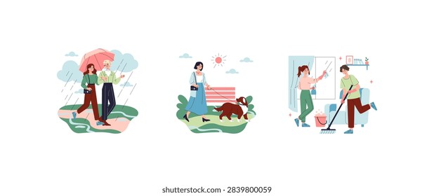 Vector illustration set of people doing daily activities outdoors and at home, walking in rain under umbrella, walking a dog in park, and cleaning windows and floor indoors