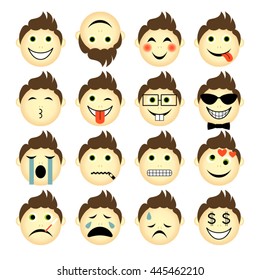 vector illustration set of people emoticons isolated on white background - simple cartoon male faces showing different emotions