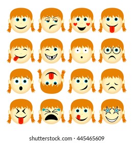 vector illustration set of people emoticons isolated on white background - simple cartoon female faces showing different emotions