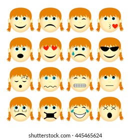 vector illustration set of people emoticons isolated on white background - simple cartoon female faces showing different emotions
