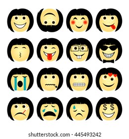vector illustration set of people emoticons isolated on white background - simple cartoon female faces showing different emotions