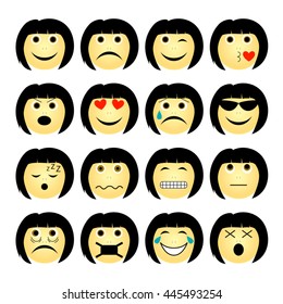 vector illustration set of people emoticons isolated on white background - simple cartoon female faces showing different emotions