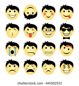 vector illustration set of people emoticons isolated on white background - simple cartoon male faces showing different emotions