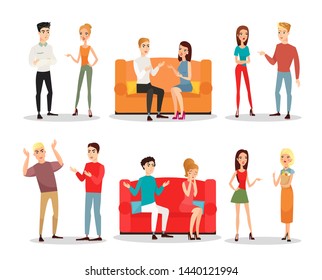 Vector illustration set of people fighting and quarrelling, scandal. Men and women screaming and fighting, crazy people in different positions. Flat cartoon style.