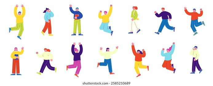 Vector illustration set of people. Flat design illustrations with fun atmosphere of people walking, jumping and running.