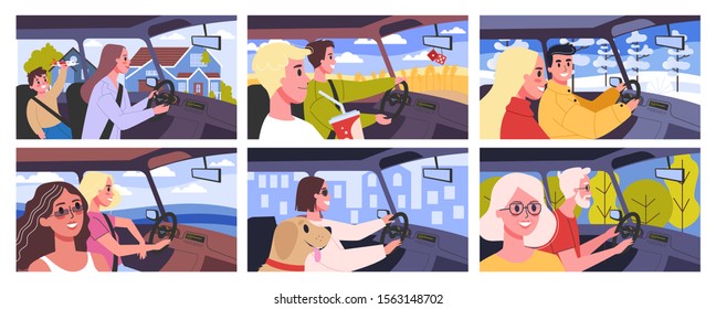 Vector Illustration Set Of People Inside Their Cars. Male And Female Characters Driving A Car. Family Trip, Friends In The Car, Mom And Child On Their Way.