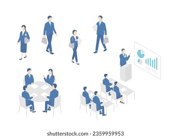 Vector illustration set of people job hunting. people walking to company. presentation. group discussion.